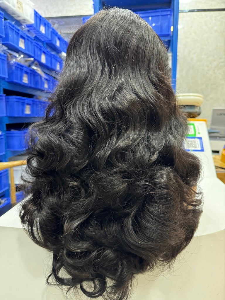 Super double drawn wig full and thick high density human hair wavy lace wig natural color