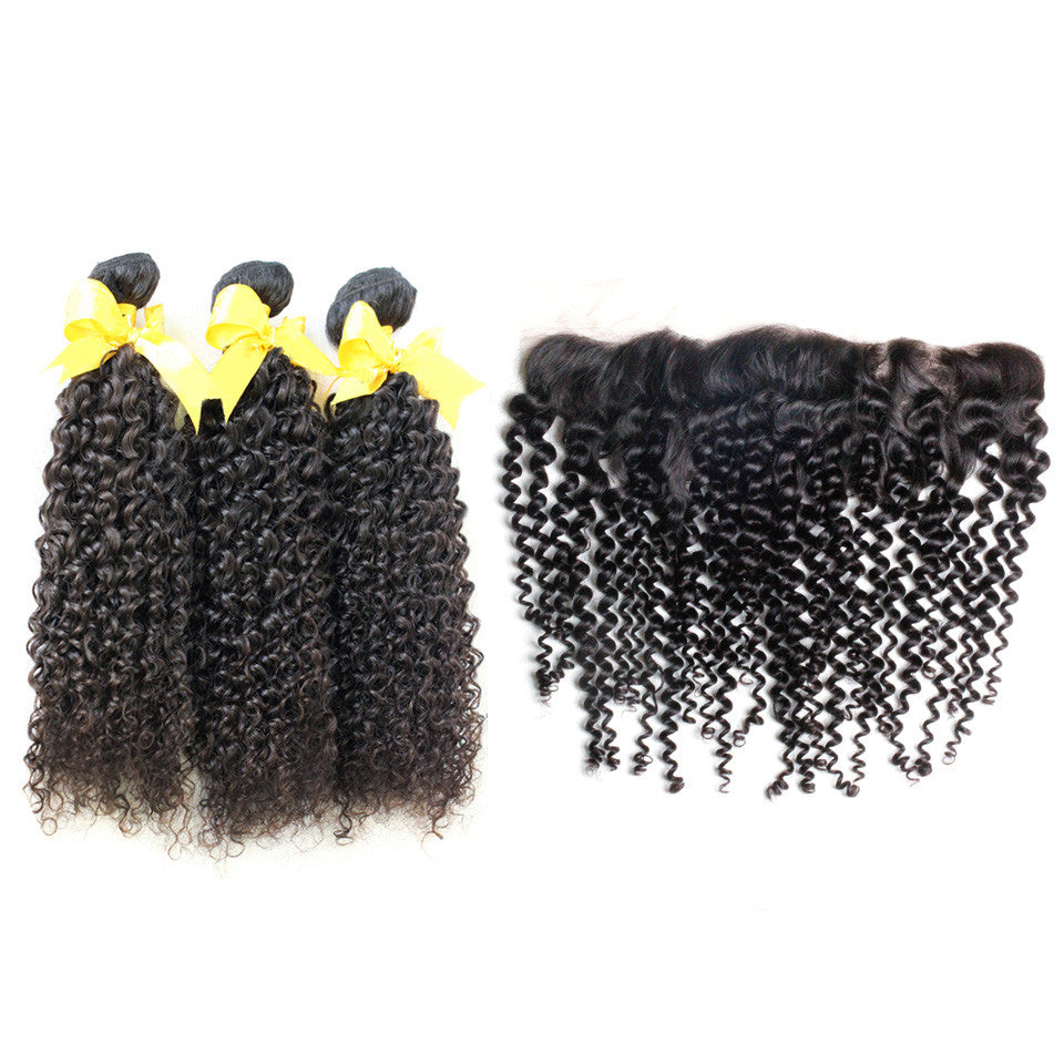 Curly hair 3bundle with brazilian peruvian lace front closure 13x4inch