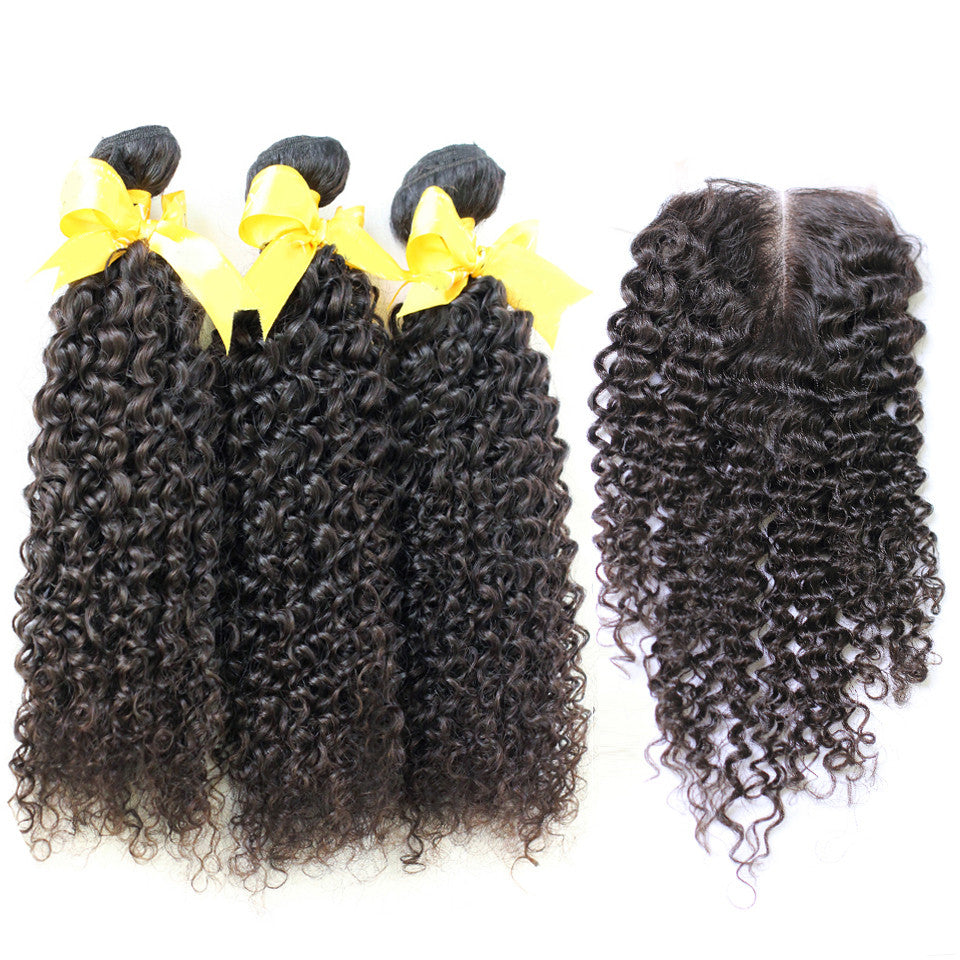 Curly virgin human hair with closure set 3/4 bundles with closure free shipping