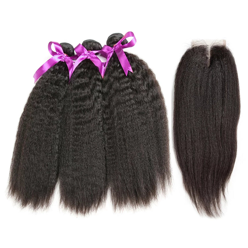 Human hair bundles set 3/4 budnels with closure kinky straight unprocessed virgin hair