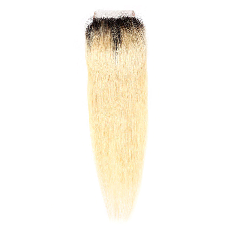 Blonde lace closure straight dark root 1B/#613 color 4×4 blonde straight closure