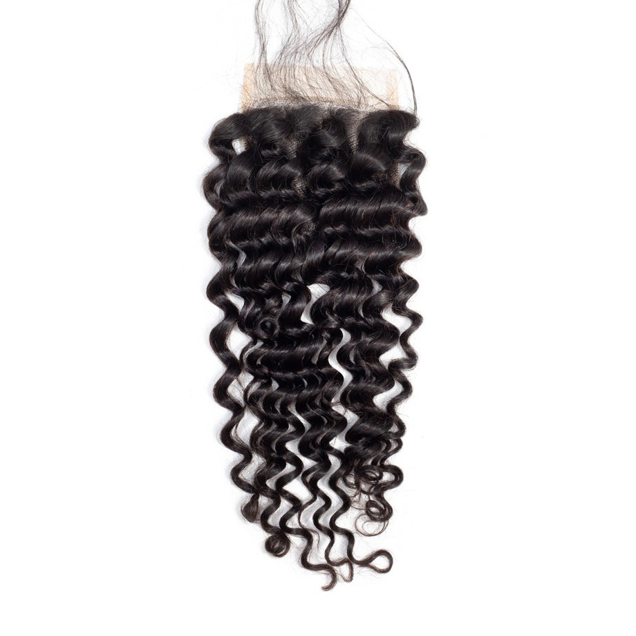 Raw deep wave hair 5X5 HD and transparent thin lace closure pre plucked natural color