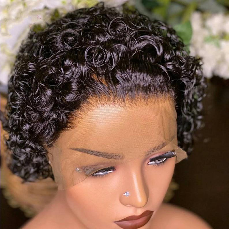 Short pixie cut curly wig raw hair 180% density curly lace front human hair curly free shipping