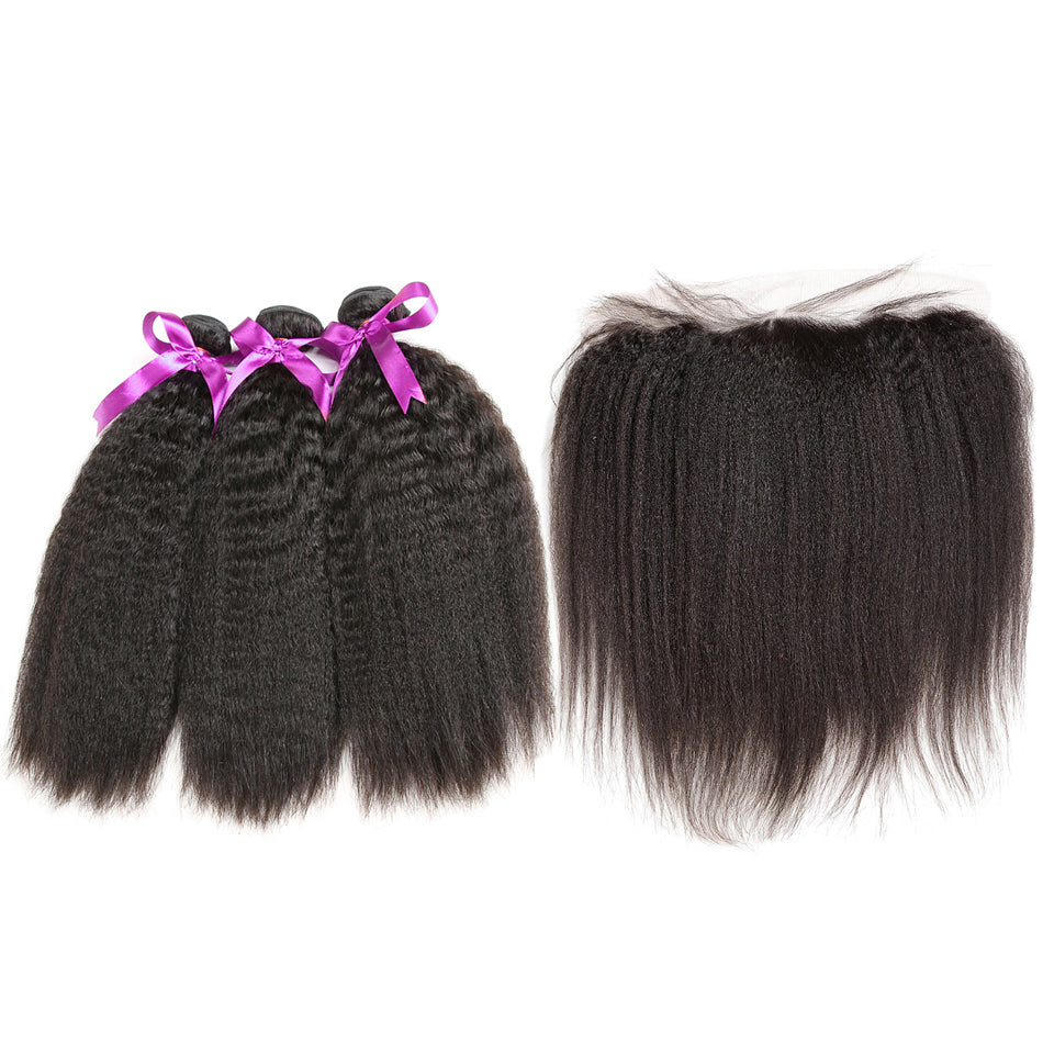 Bundles with lace frontal kinky straight human hair unprocessed brazilian virgin hair