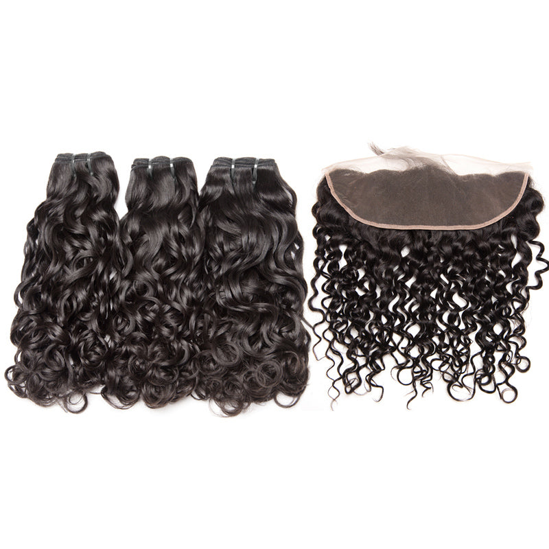 Water wave human virgin hair 3bundles with frontals pre-plucked baby hair around