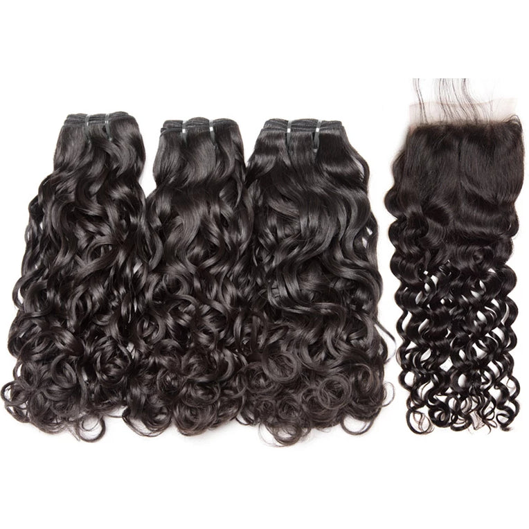 Water wave hair bundles set 3/4 budnels with closure unprocessed virgin human hair